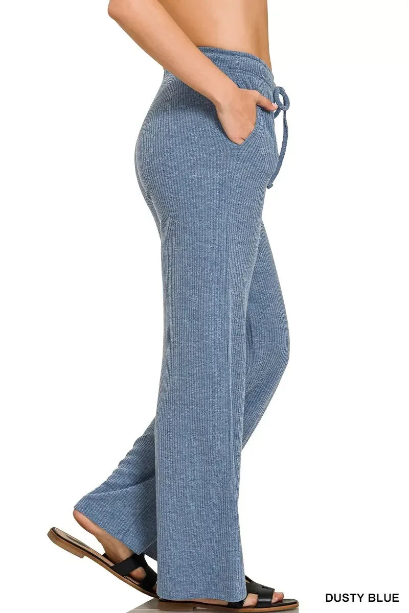 Ribbed Drawstring Lounge Pants Dusty Blue - DAVERRI FASHIONS