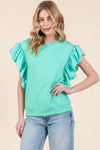 Lime 'N' Chili Solid Shoulder Ruffle Detail Round Neck Top - DAVERRI FASHIONS