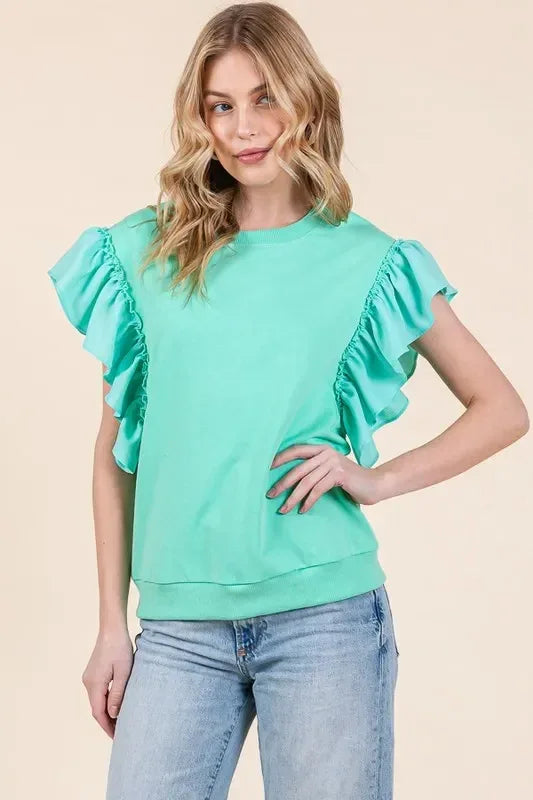 Lime 'N' Chili Solid Shoulder Ruffle Detail Round Neck Top - DAVERRI FASHIONS