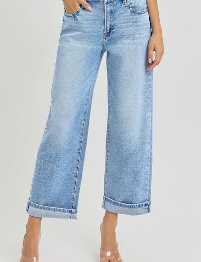 RISEN Full Size Ankle Wide Leg Cuffed Jeans Plus Size Light 15(32)