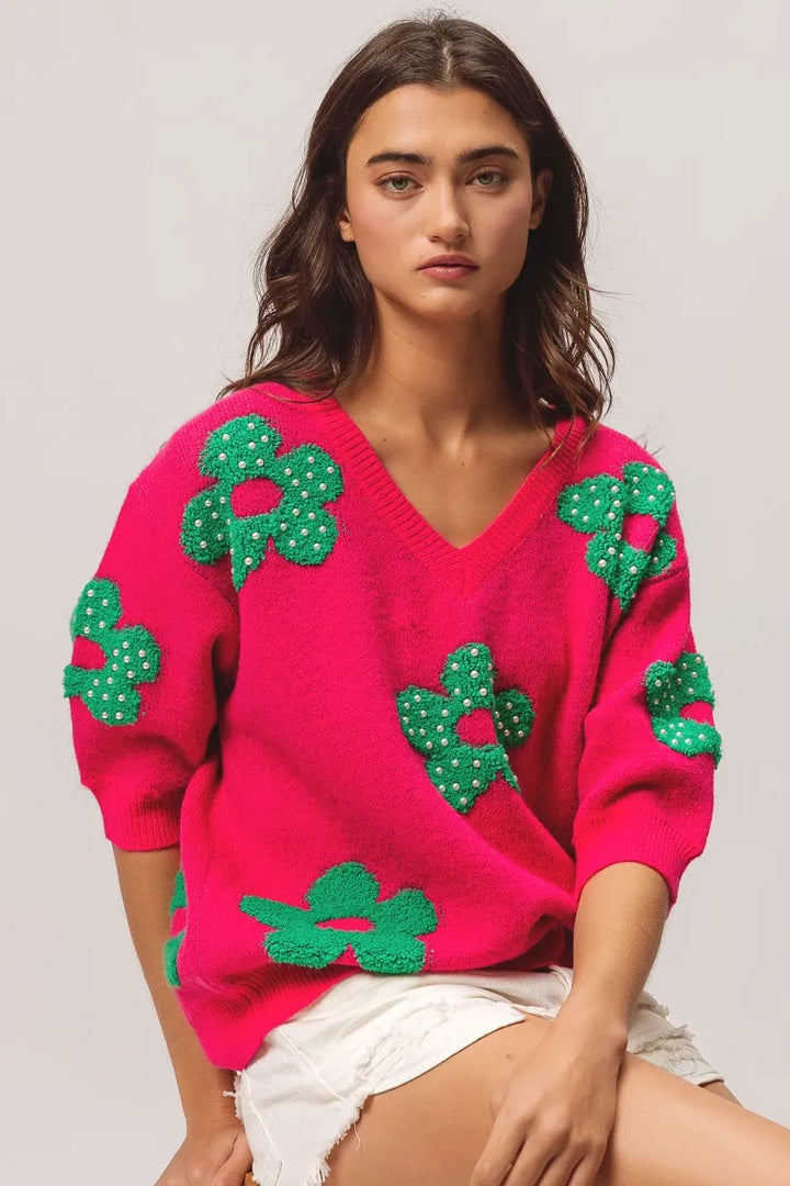BiBi Pearl Beads Flowers Sweater Top Sweaters