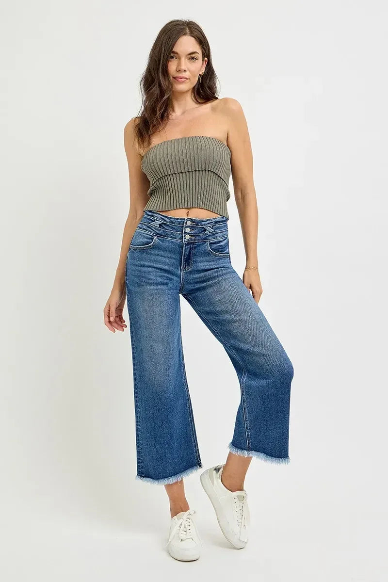 RISEN High Rise Crop Wide Leg Jeans with Wide Band Detail - DAVERRI FASHIONS