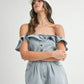 MABLE Off Shoulder Ruffle Detail Denim Romper Rompers