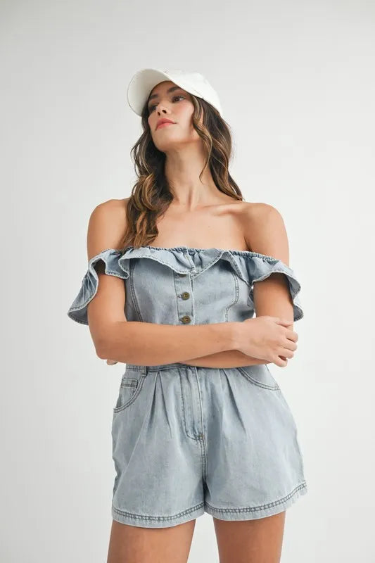 MABLE Off Shoulder Ruffle Detail Denim Romper Rompers