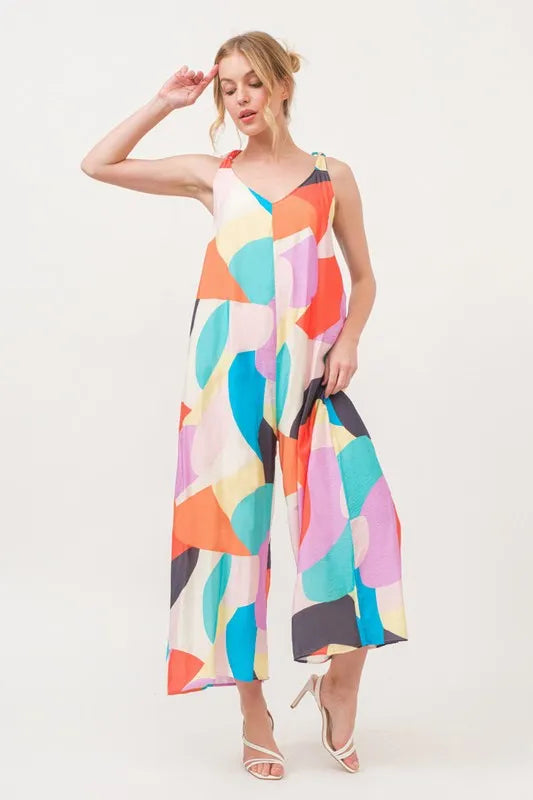 And The Why Tied Shoulder Straps Wide-Leg Geo Print Jumpsuit Jumpsuits