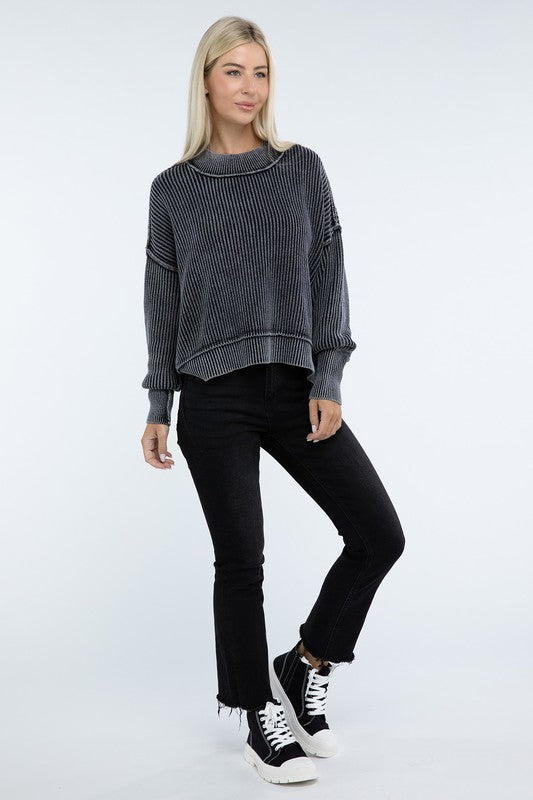 Washed Side Slit Oversized Cropped Cotton Sweater Tops