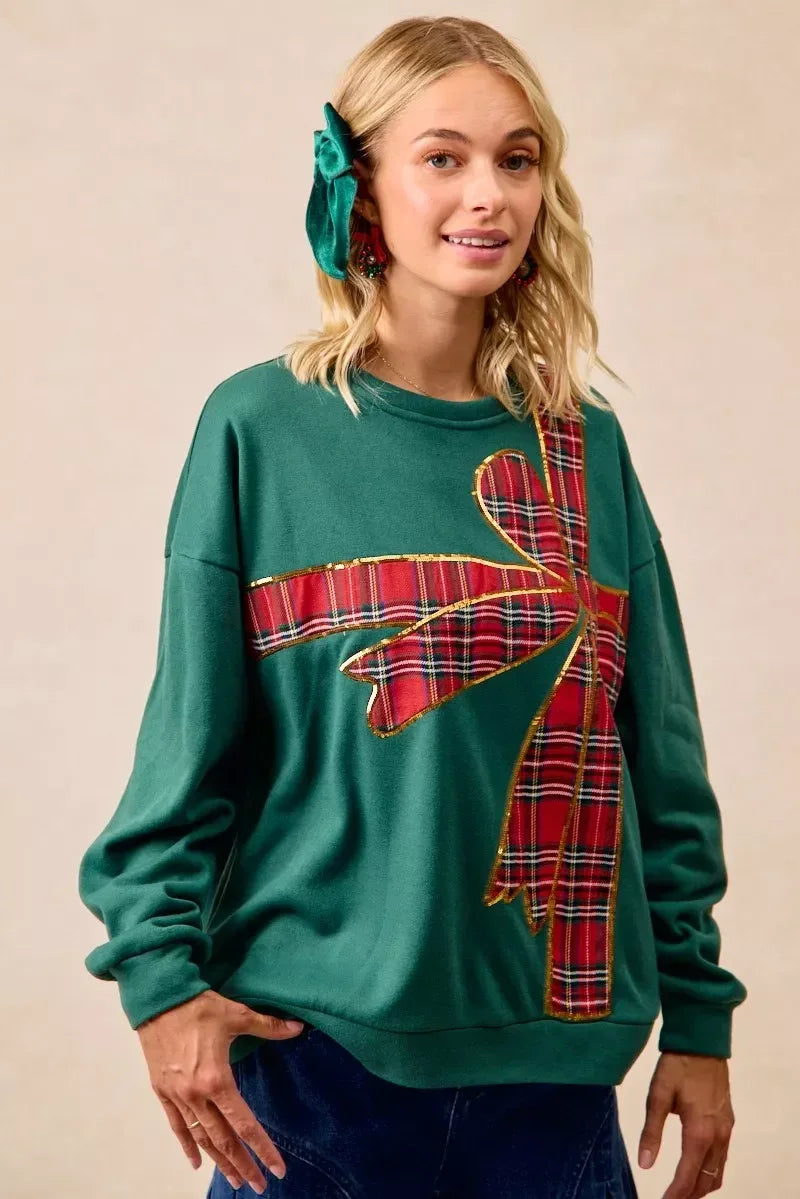 BiBi Plaid Ribbon Bow Detail Christmas Fleece Pullover - DAVERRI FASHIONS