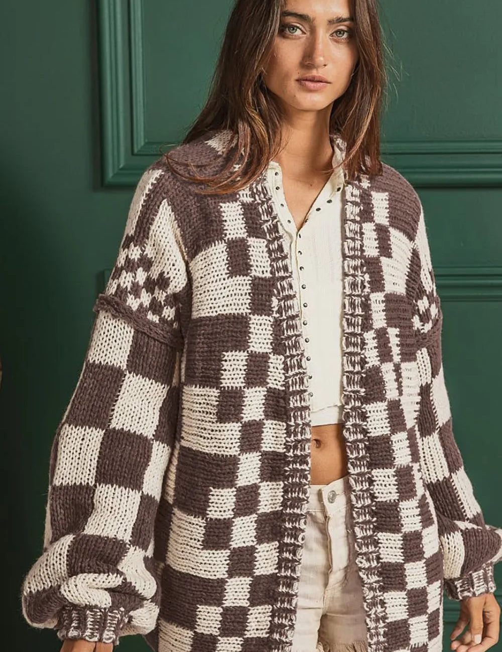 Checkered Open Front Long Sleeve Cardigan | Cardigans Daverri Fashions