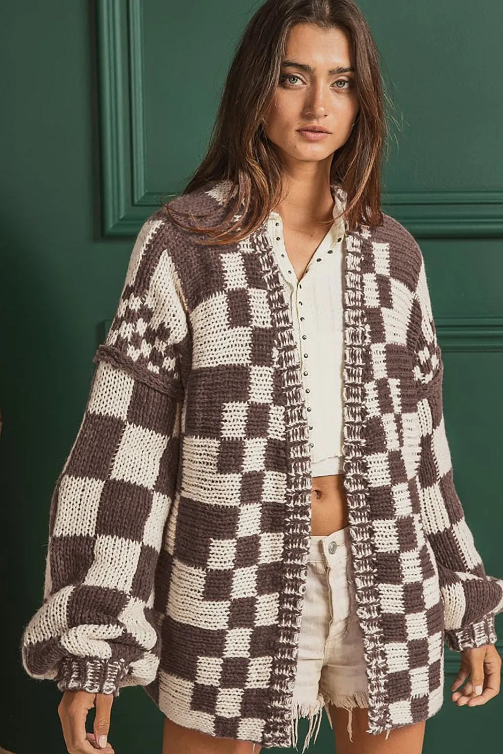 Checkered Open Front Long Sleeve Cardigan | Cardigans Daverri Fashions