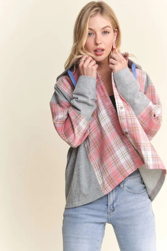 ADORA Button Down Plaid Hoodie Shacket PINK H.GREY Shackets