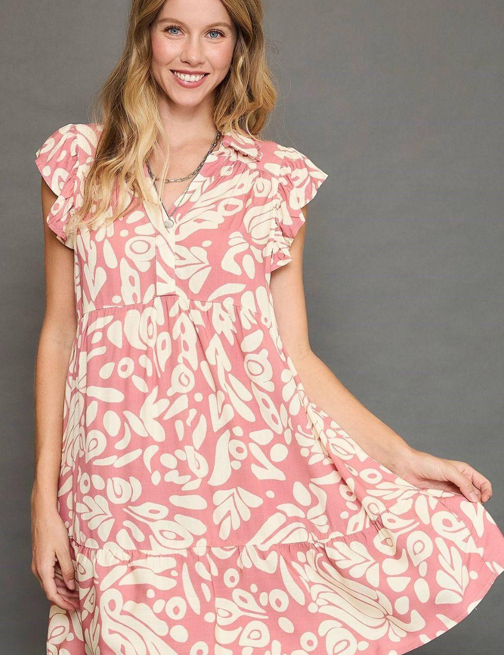 Blush Pink Umgee Full Size Two Tone Printed Ruffled Cap Sleeve Mini Dress Plus Size | Daverri Fashions
