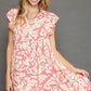 Umgee Full Size Two Tone Printed Ruffled Cap Sleeve Mini Dress Plus Size Blush Pink
