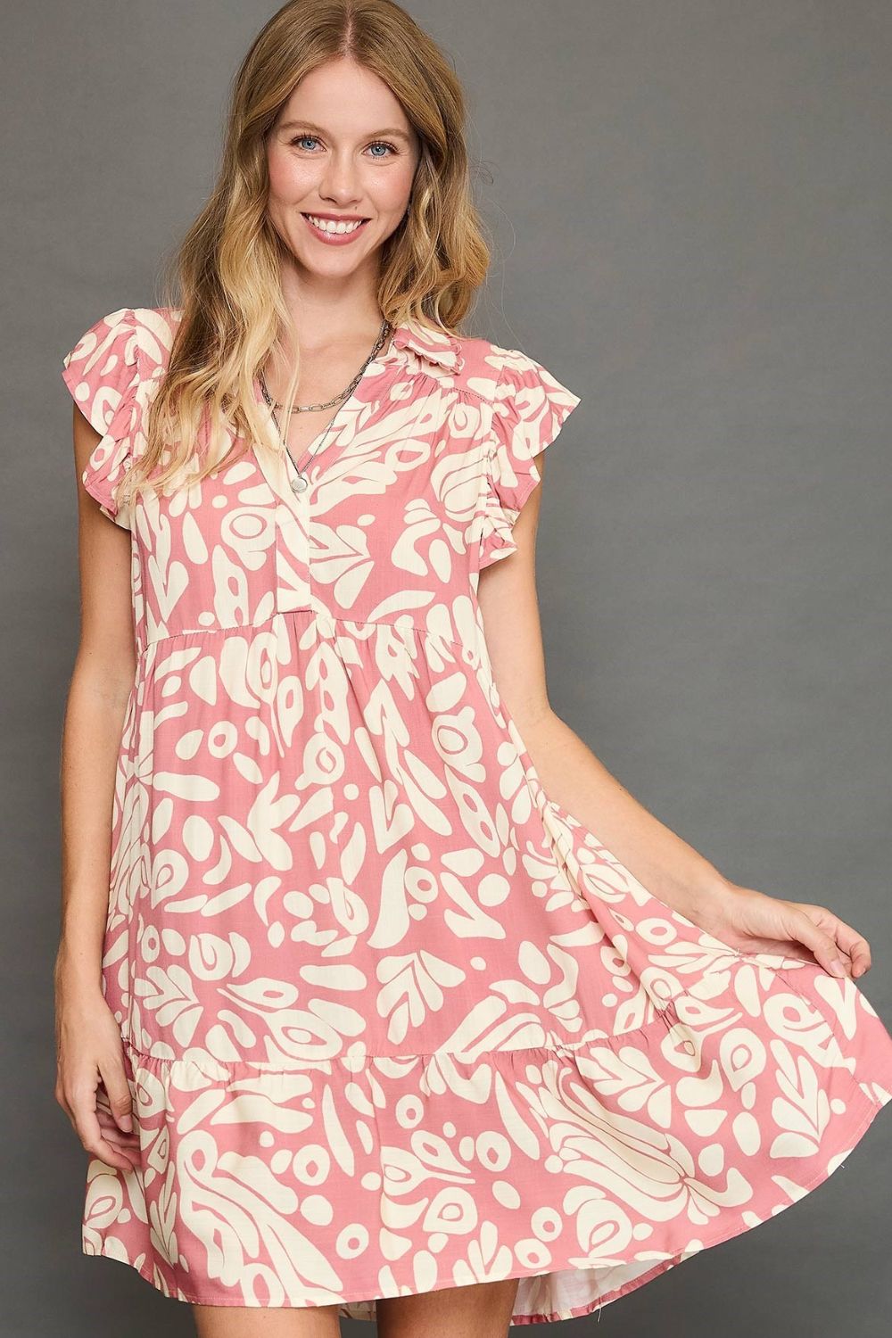 Umgee Full Size Two Tone Printed Ruffled Cap Sleeve Mini Dress Plus Size Blush Pink