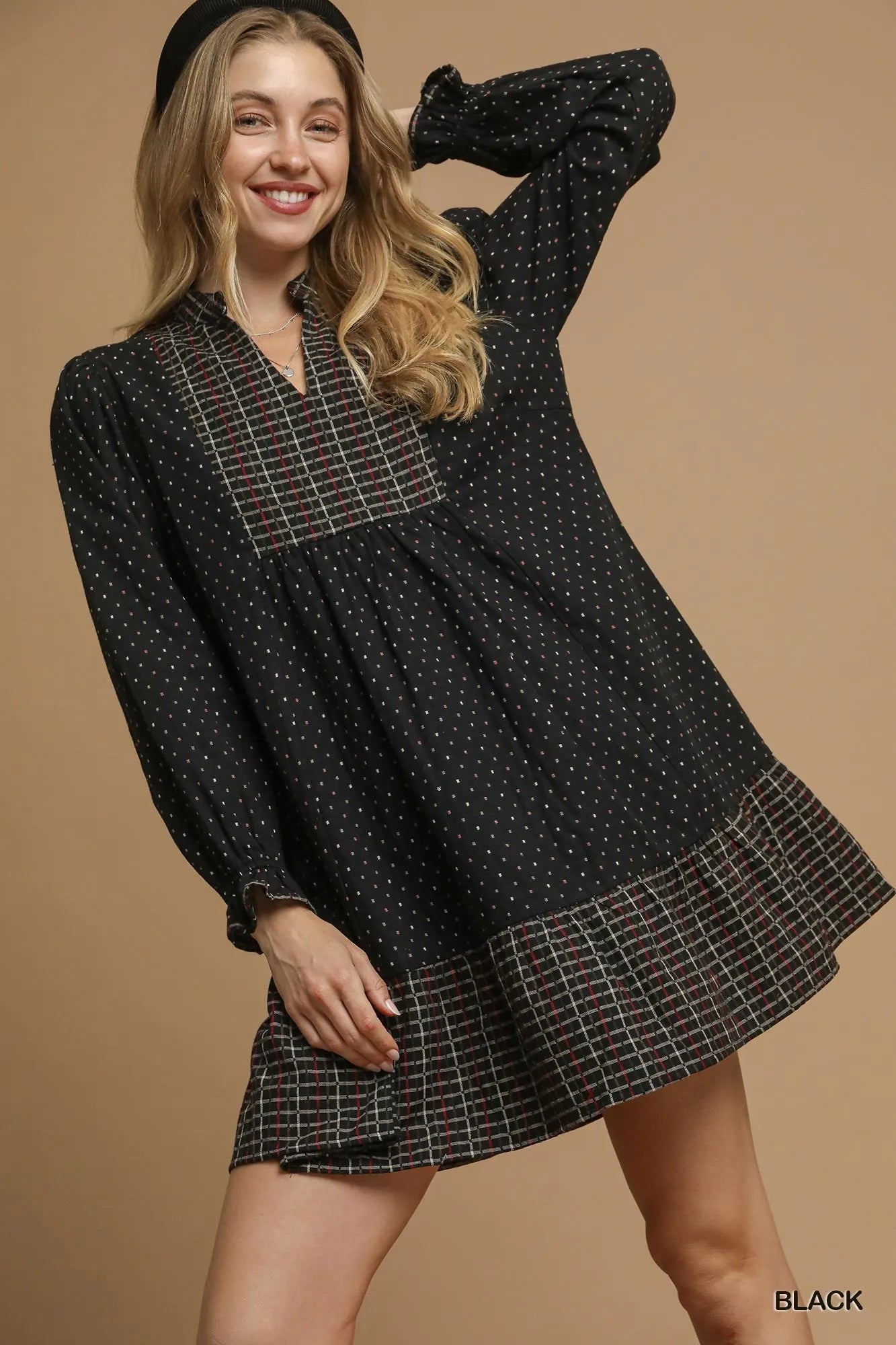 Umgee Polka Dot Plaid Trim Babydoll Dress Black