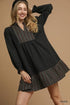Umgee Polka Dot Plaid Trim Babydoll Dress Black