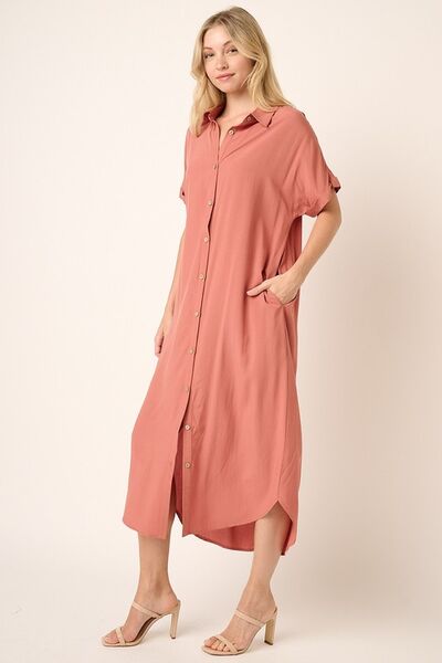 Mittoshop Collared Neck Dolman Short Sleeve Midi Shirt Dress