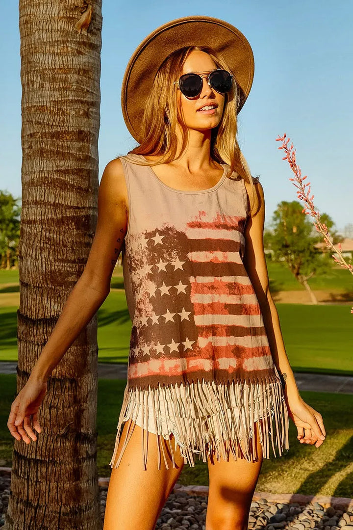 BiBi American Flag Print Knit Sleeveless Top Tank Tops
