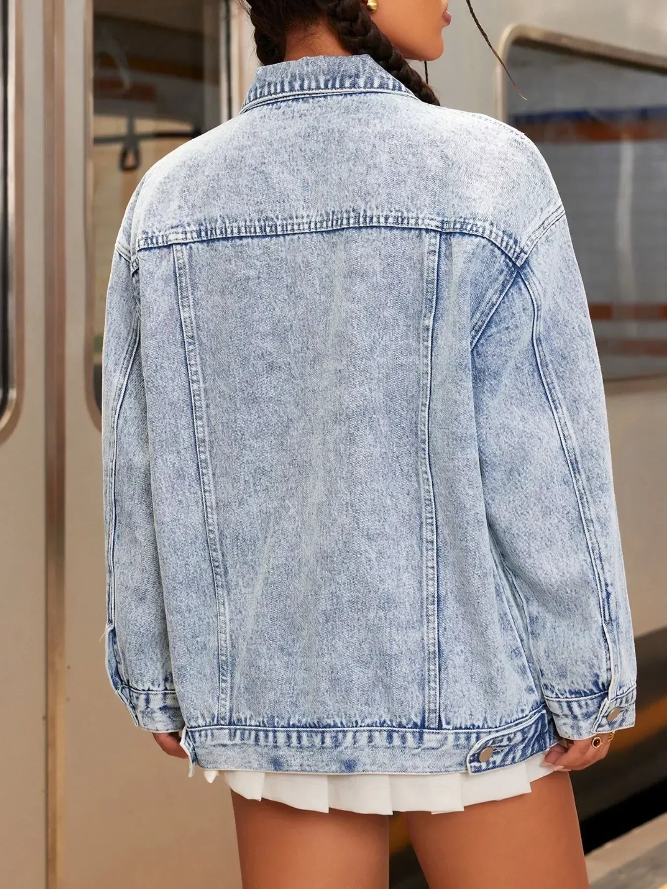Distressed Wash Button Up Denim Jacket - DAVERRI FASHIONS