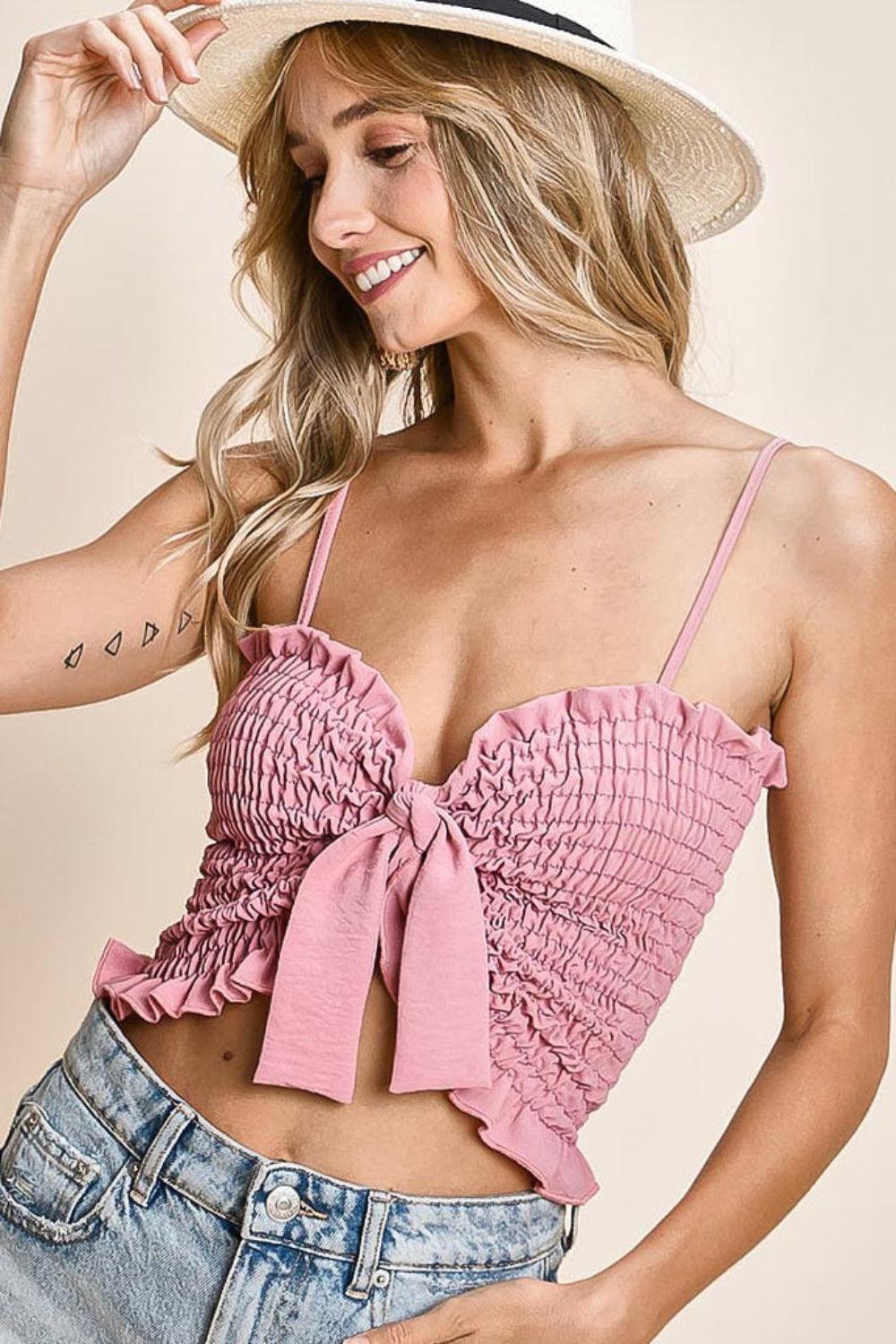BiBi Ruffled Smocked Ribbon Detail Cami Rose Cami Tops