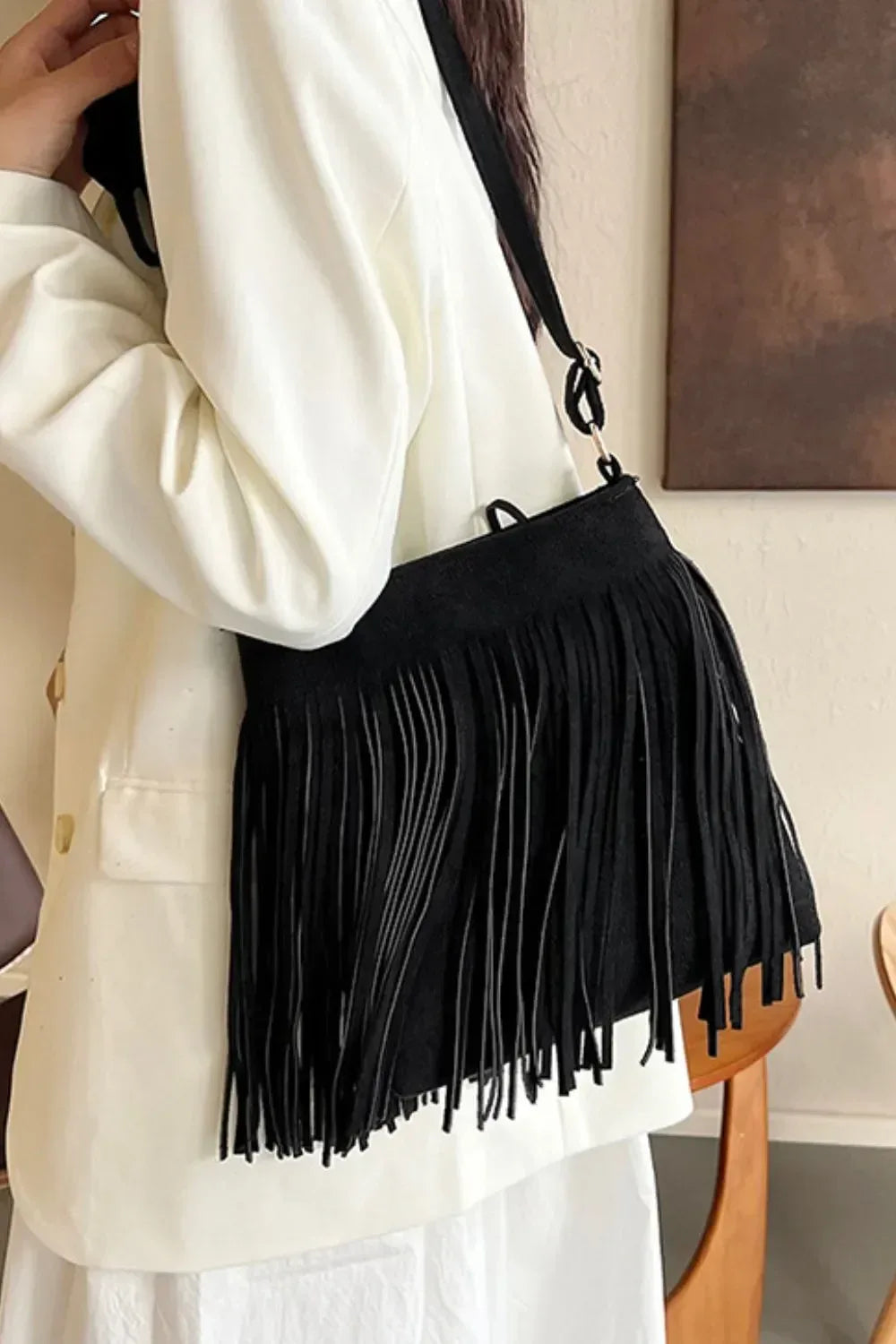 Suede Fringe Shoulder Bag - DAVERRI FASHIONS