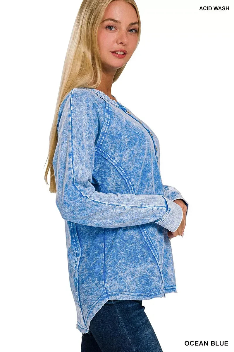 Zenana Washed French Terry Half Button Top - DAVERRI FASHIONS