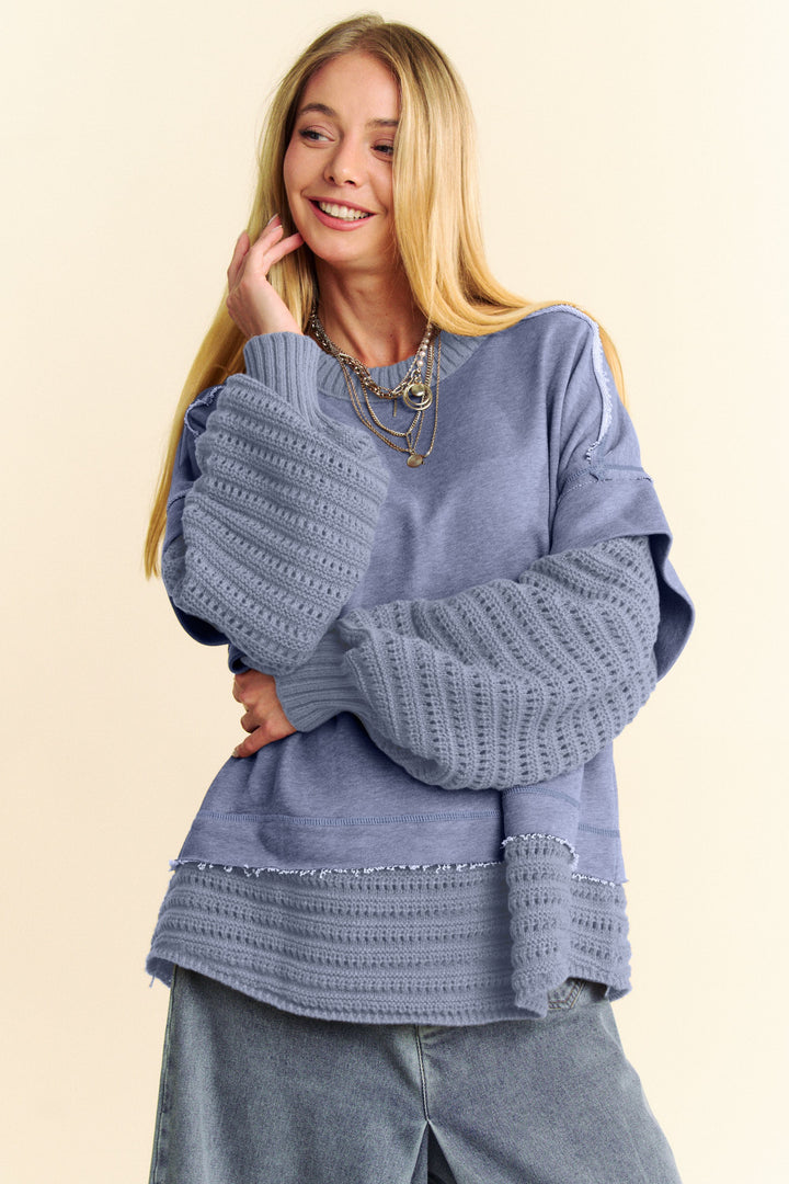 Davi & Dani Faux Layered Round Neck Sweater Dusty Blue Sweaters