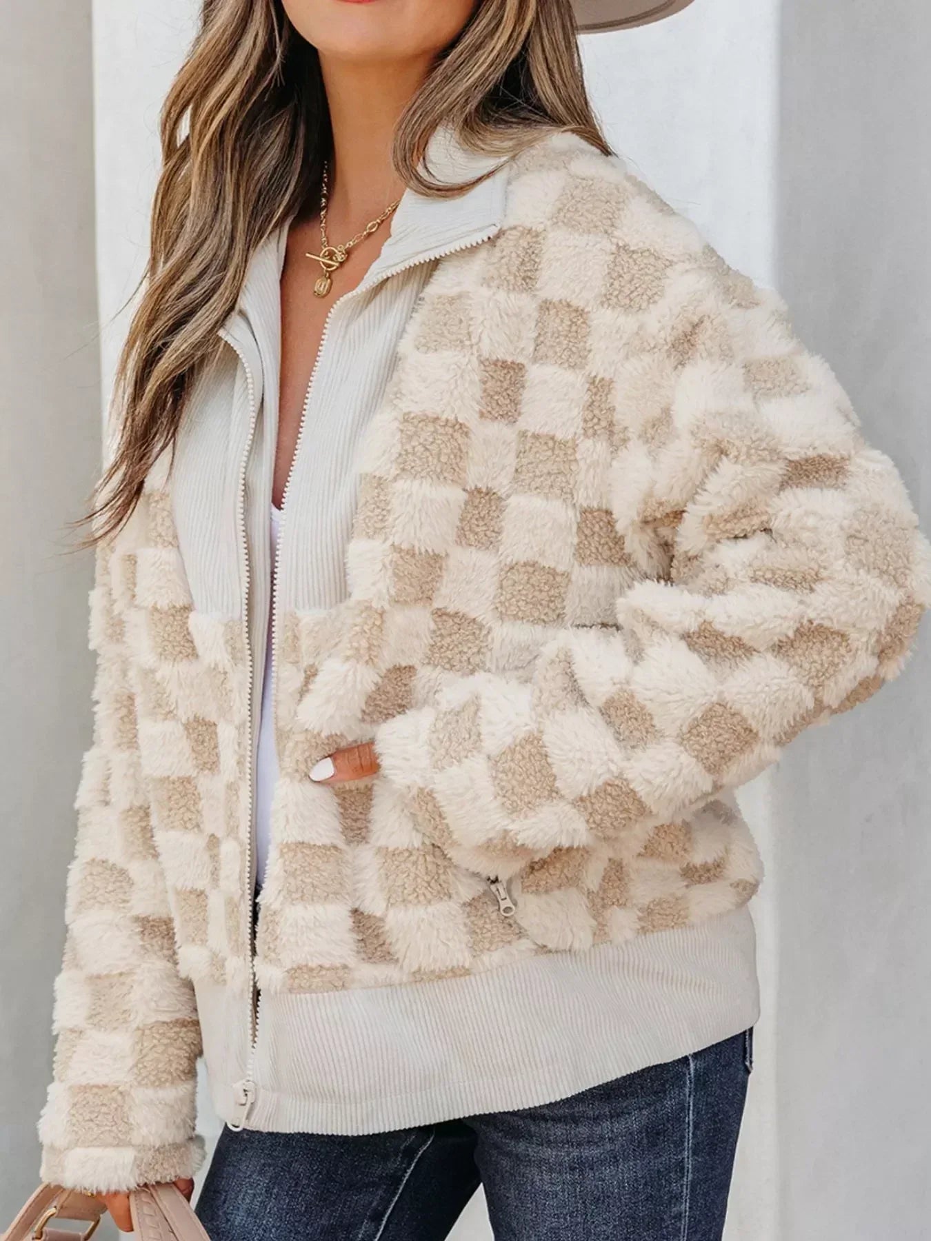 Checker Sherpa Corduroy Patchwork Zip Up Jacket - DAVERRI FASHIONS