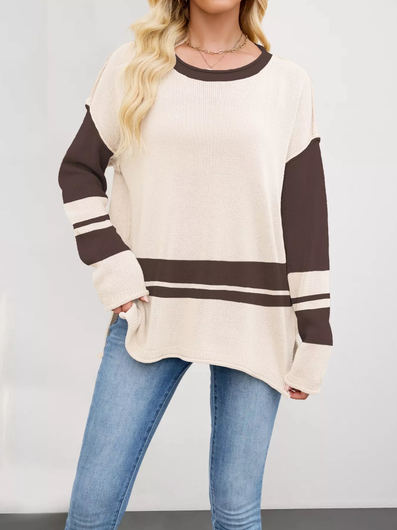 Cream-colored ribbed Color Block Side Slit Sweater with brown sleeves