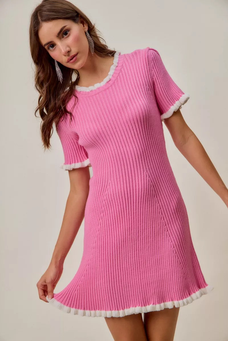 SO ME contrast ruffled sweater knit mini dress in vibrant pink with white frayed trim