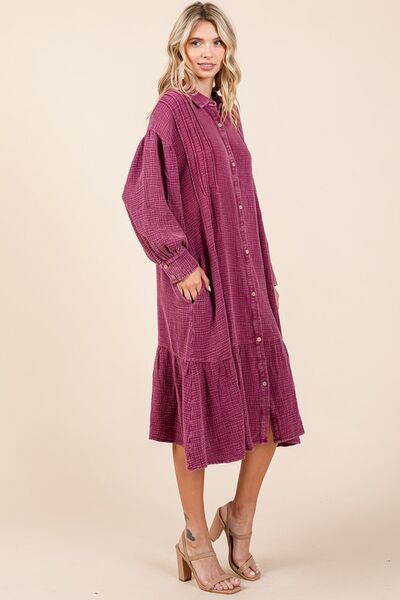 Mittoshop Mineral Wash Cotton Gauze Ruffle Midi Shirt Dress Midi Dresses