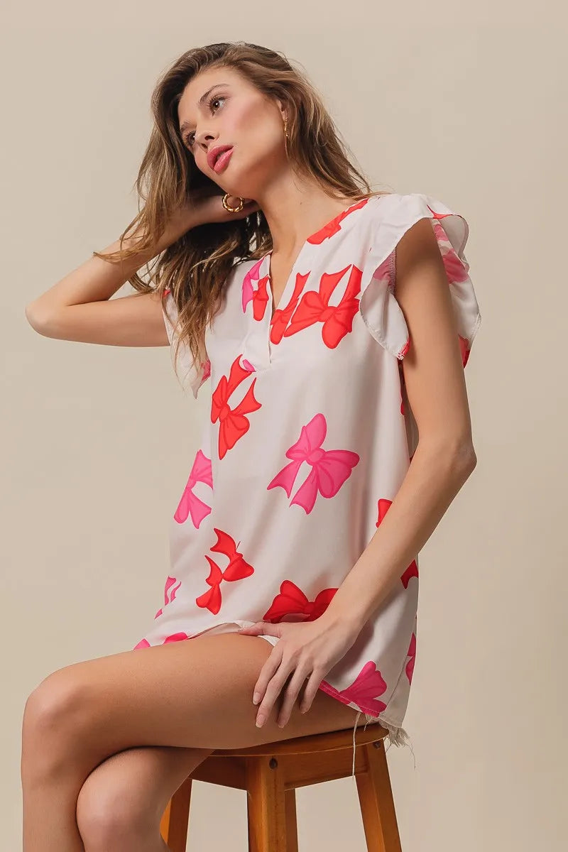 BiBi Bow Printed Woven Ruffled Sleeves V Neck Top | Tops Daverri Fashions