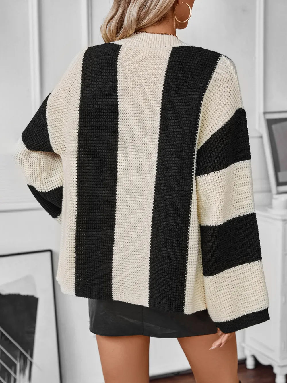 Waffle-Knit V-Neck Striped Long Sleeve Cardigan | Cardigans Daverri Fashions