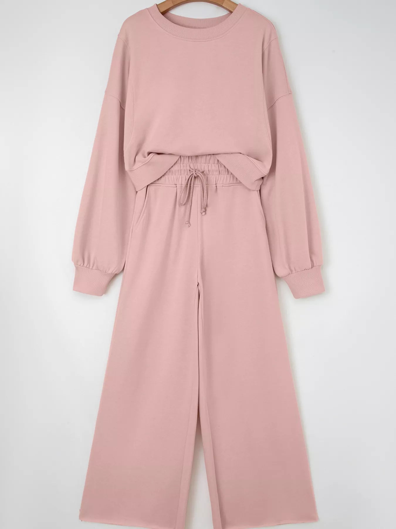 Drop Shoulder Puff Sleeve Crop Top and Drawstring Wide Leg Pants Set | Loungewear Sets Daverri Fashions