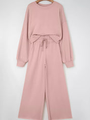 Drop Shoulder Puff Sleeve Crop Top and Drawstring Wide Leg Pants Set | Loungewear Sets Daverri Fashions