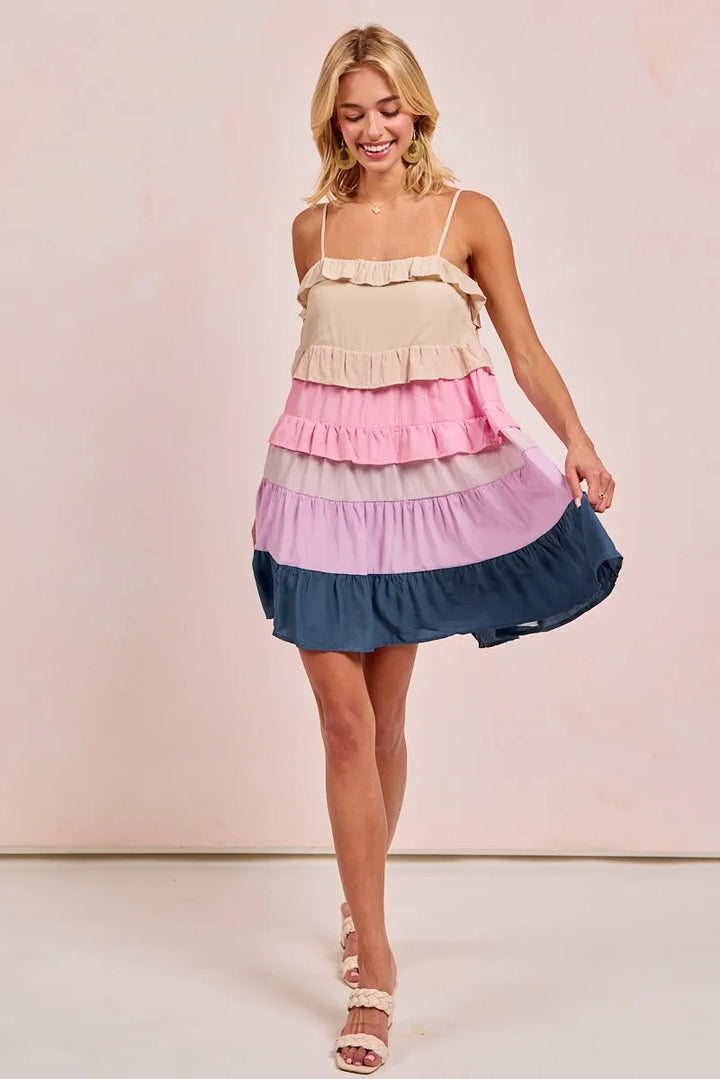 BiBi Color Blocked Tiered Dress Mini Dresses