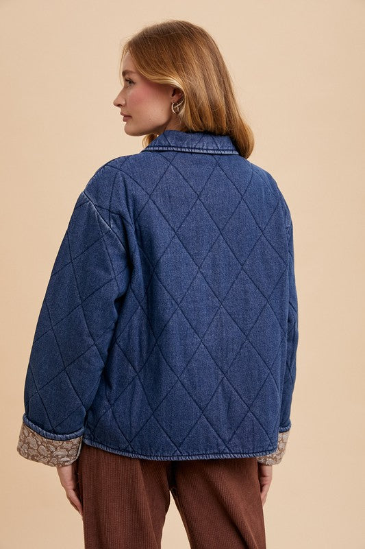 Annie Wear Quilted Printed Lining Snap Down Denim Jacket Tops