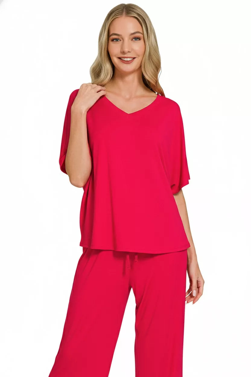 Zenana vibrant red V-neck oversized top and wide-leg pants set