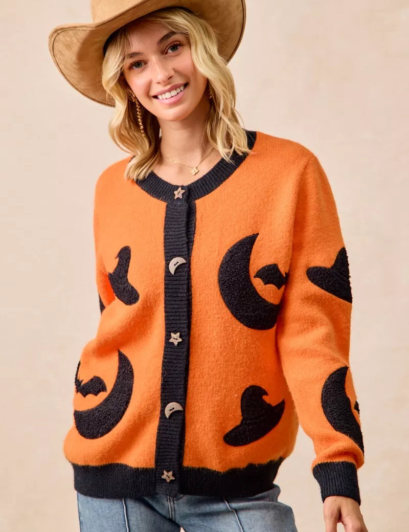 BiBi Halloween Witch Hat Moon Bat Artwork Cardigan | Cardigans Daverri Fashions