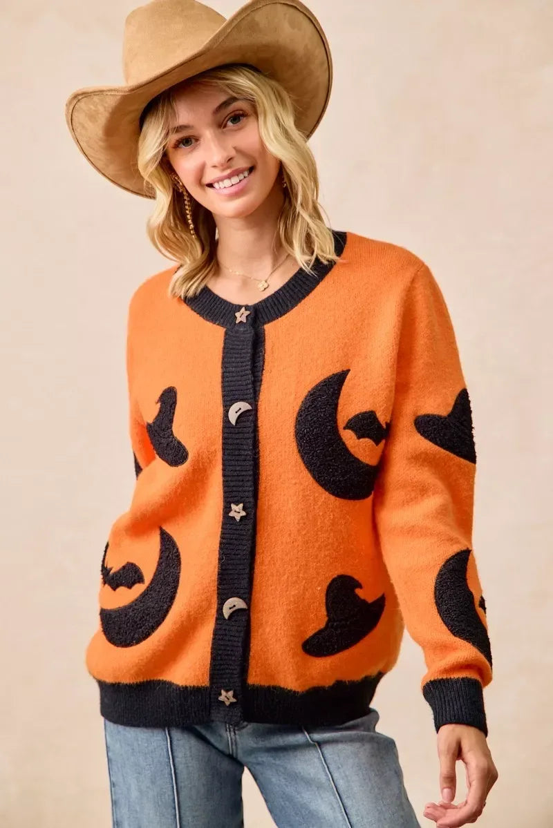 BiBi Halloween Witch Hat Moon Bat Artwork Cardigan - DAVERRI FASHIONS