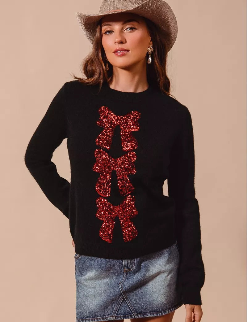 BLACK RED SO ME Sequins Bow Ribbon Embellished Christmas Sweater | Sweaters Daverri Fashions