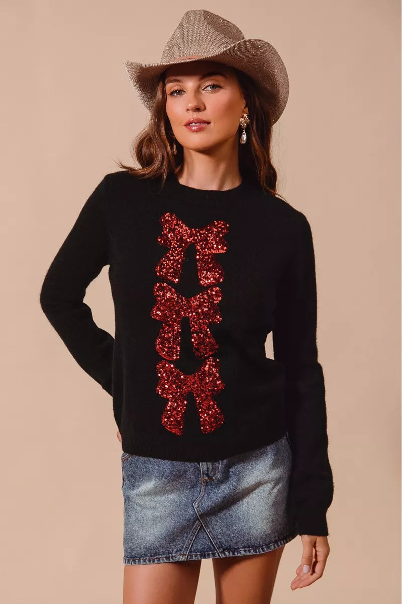 BLACK RED SO ME Sequins Bow Ribbon Embellished Christmas Sweater | Sweaters Daverri Fashions