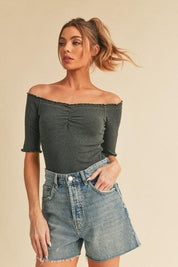 Aemi + Co Ruched Frill Off-Shoulder Half Sleeve Knit Top | Tops Daverri Fashions