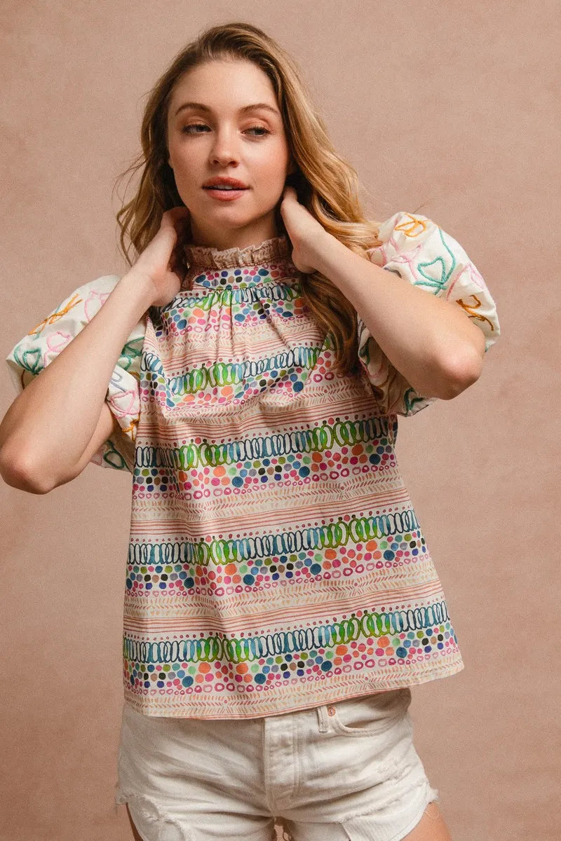 BiBi Ruffle Neckline Blouse With Embroidery Bubble Sleeve | Daverri Fashions