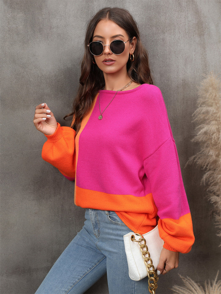 Angel Wings Color Block Round Neck Dropped Shoulder Sweater | Sweaters Daverri Fashions