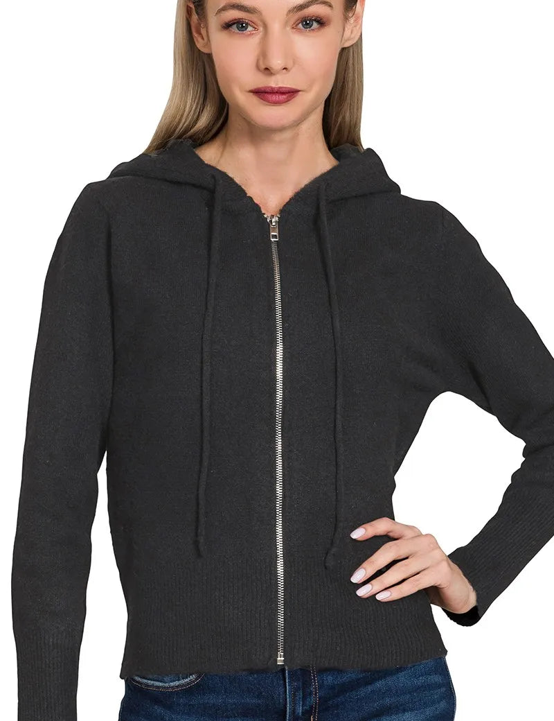 BLACK Zenana Drawstring Zip Up Hooded Cardigan Black | Cardigans Daverri Fashions