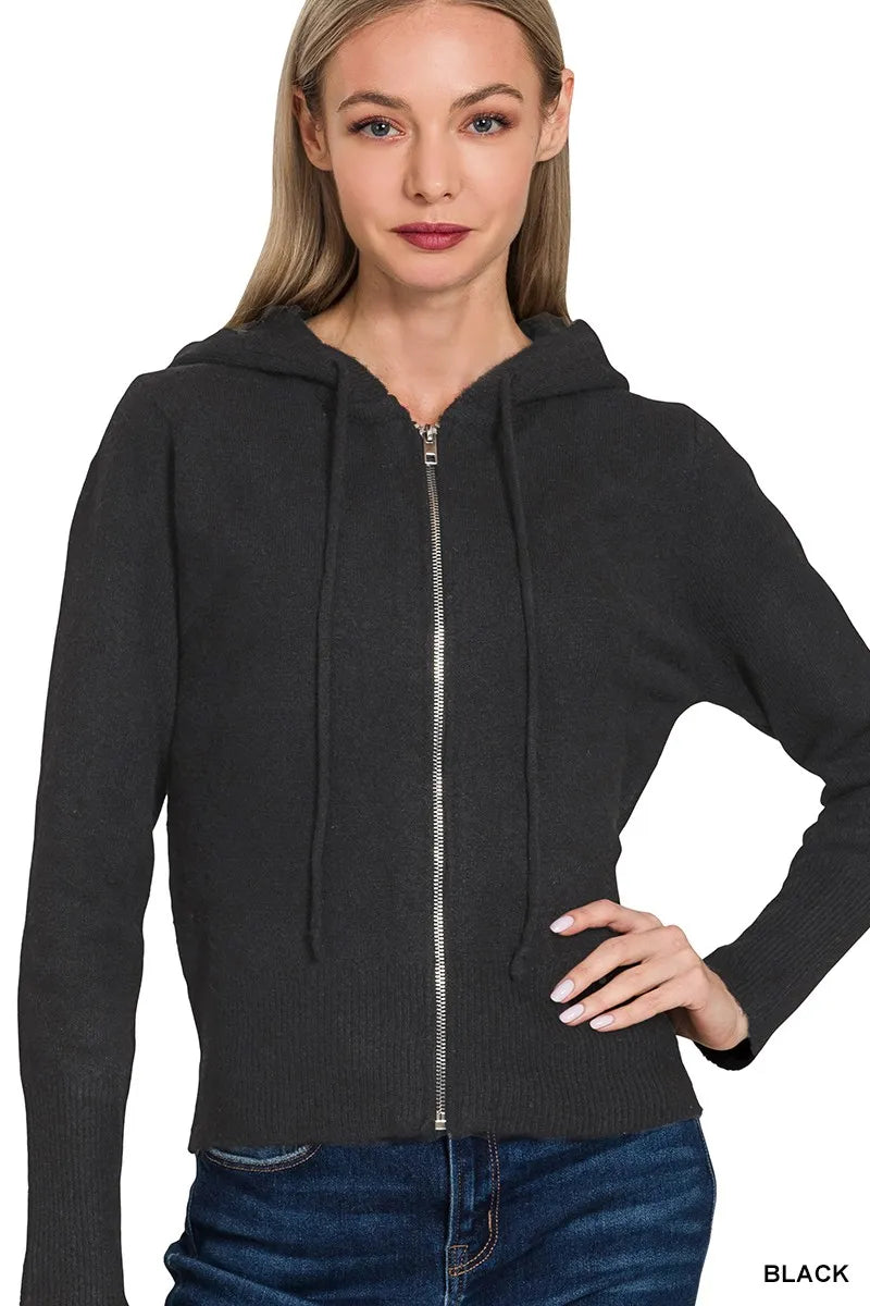 Zenana Drawstring Zip Up Hooded Cardigan BLACK