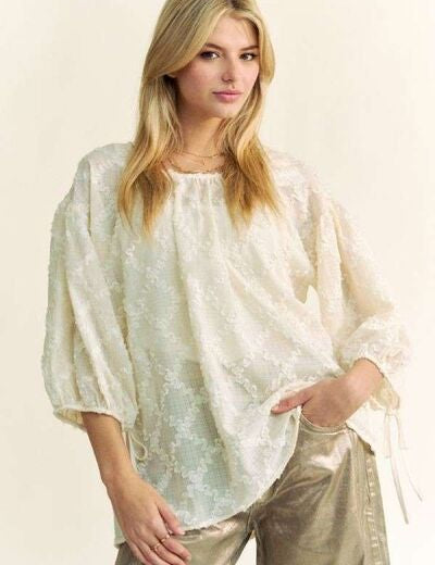 Davi & Dani Tied Round Neck Mesh Blouse Cream