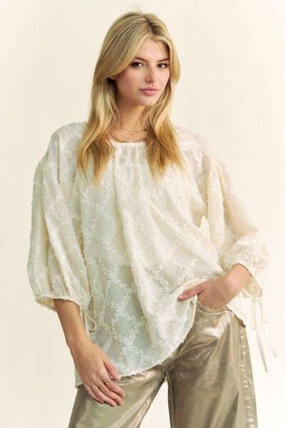 Davi & Dani Tied Round Neck Mesh Blouse Cream