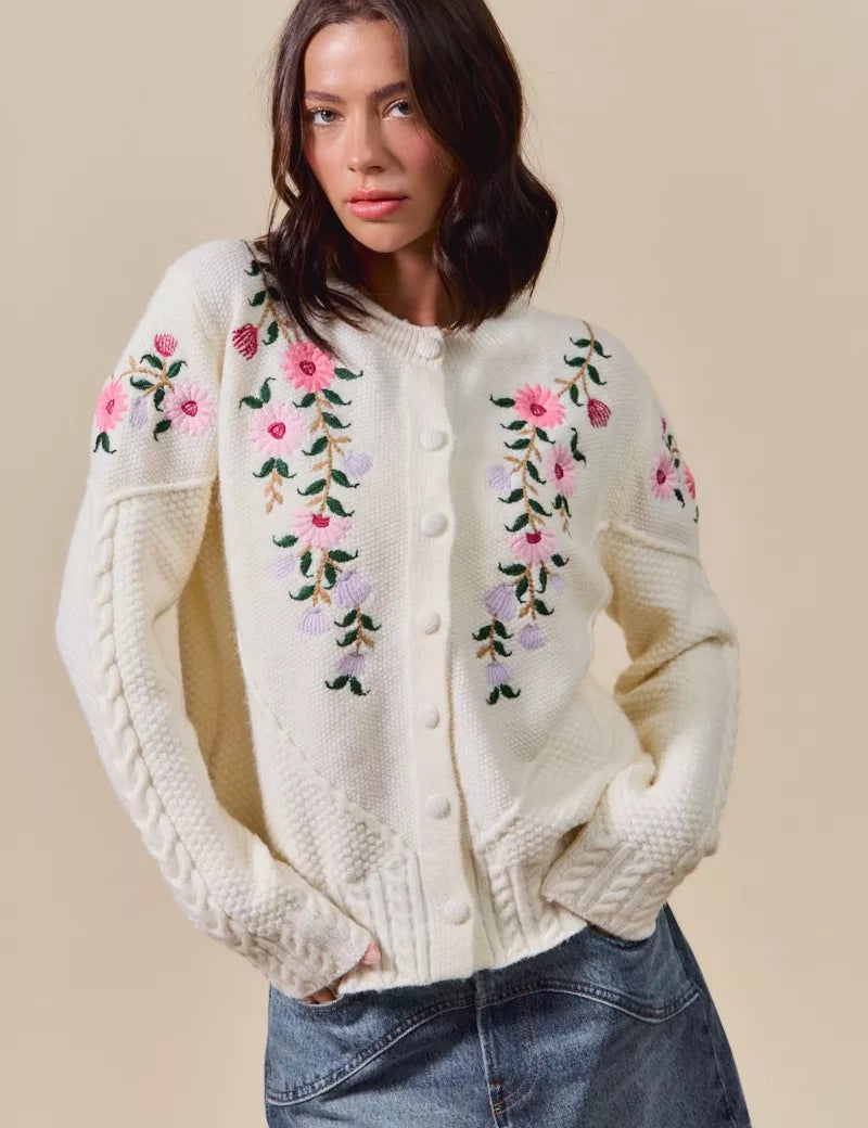 IVORY SO ME Floral Embroidered Coquette Sweater Cardigan | Cardigans Daverri Fashions