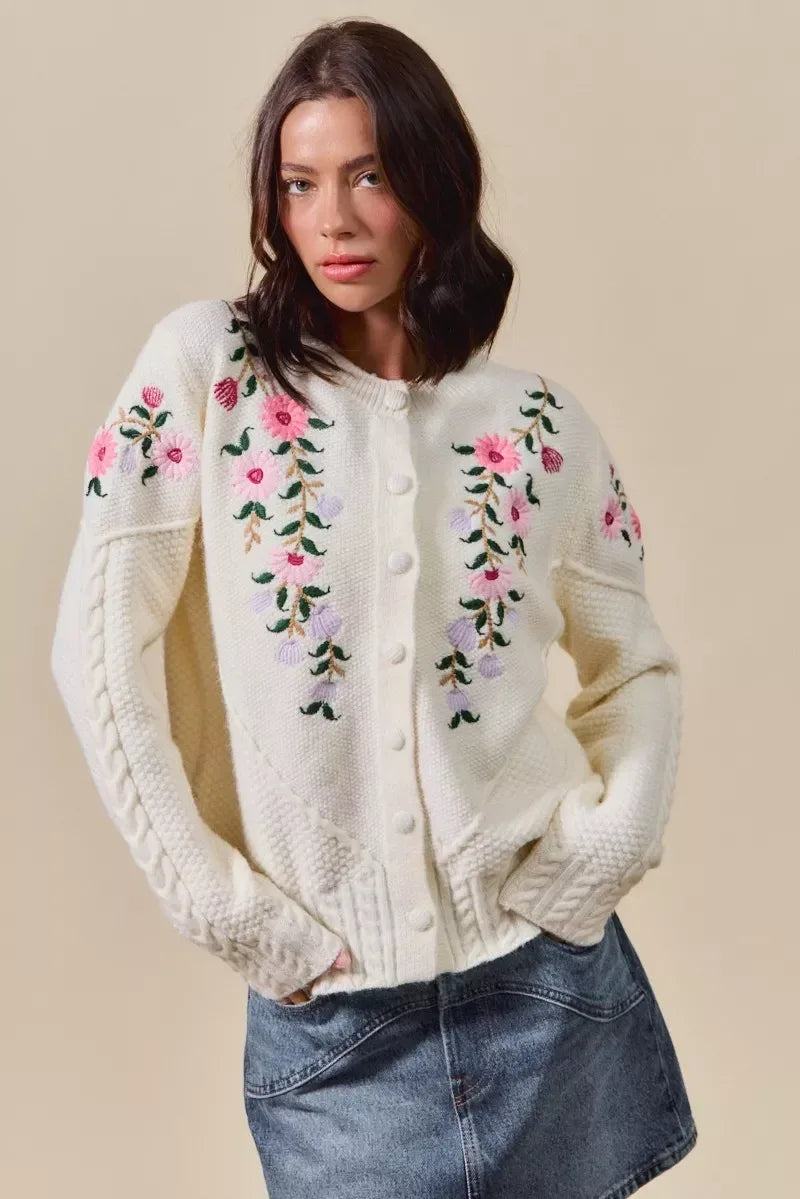 SO ME Floral Embroidered Coquette Sweater Cardigan - DAVERRI FASHIONS